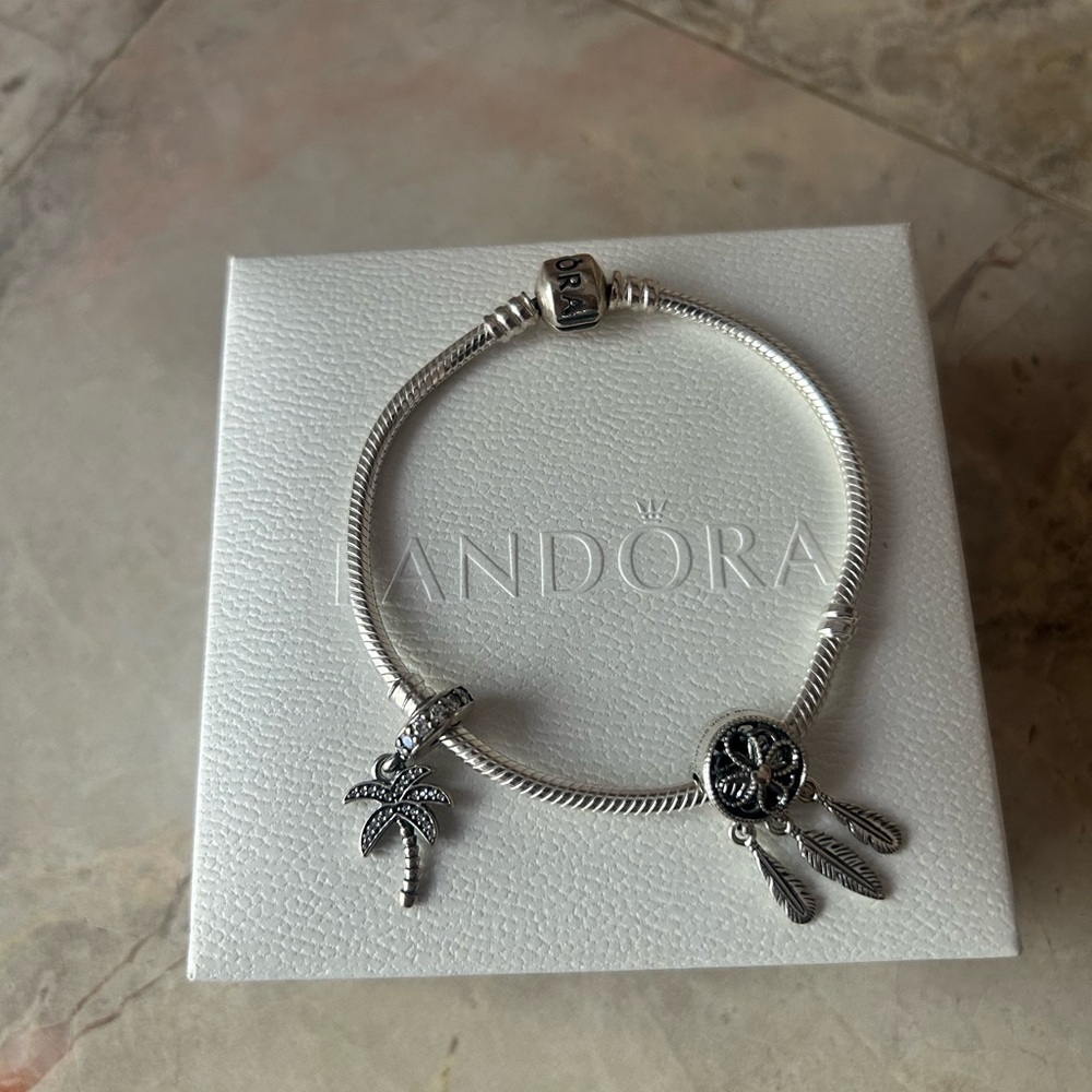 Pandora Silver Bracelet with Palm Tree and Dreamcatcher Charms